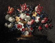 Juan de Arellano roses and other flowers in a wicker basket on a ledge oil painting